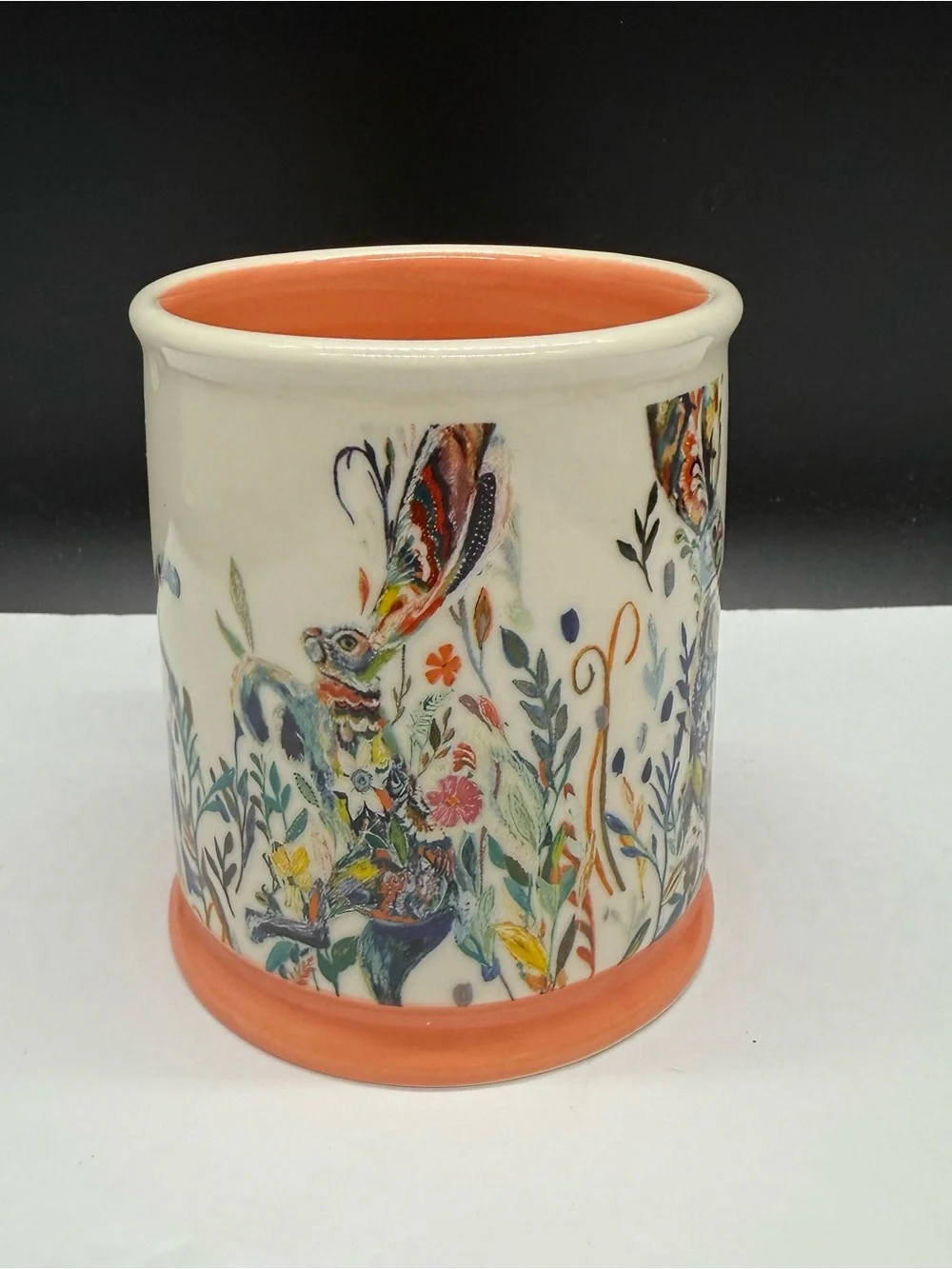 Anthropologie Dancing Hares Starla Halfmann Coral Gold Floral Bunny 14oz Mug Cup
